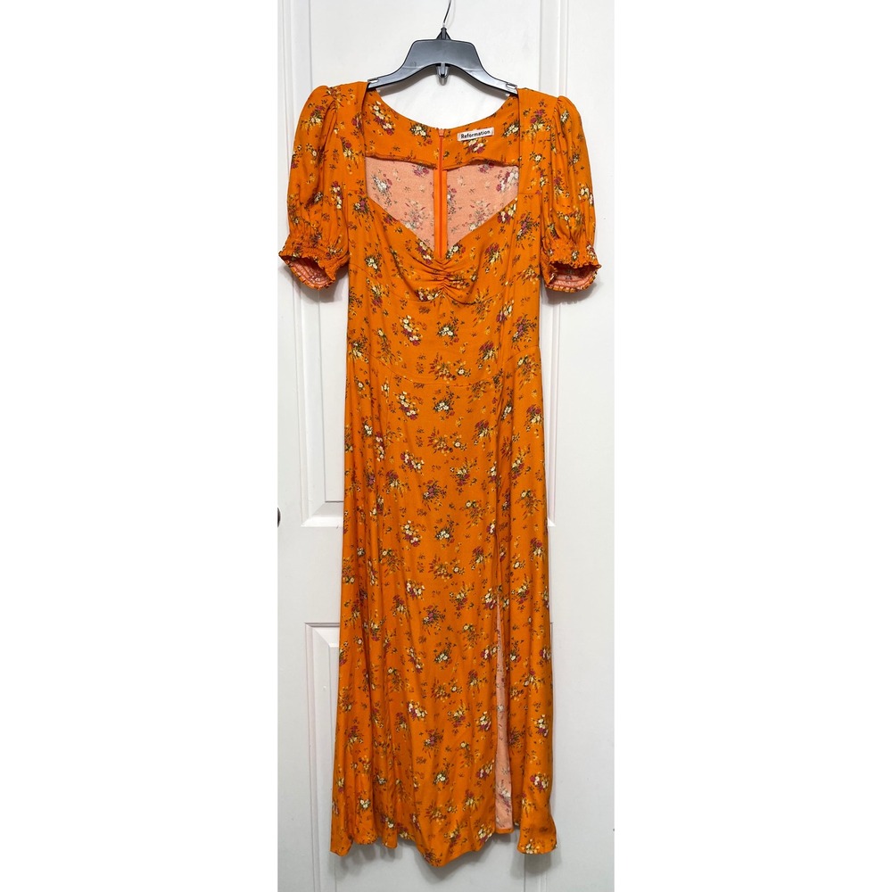 Reformation Lacey Dress Orange Ditsy Floral Puff Sleeve Midi Slit Size 6 - Picture 5 of 13
